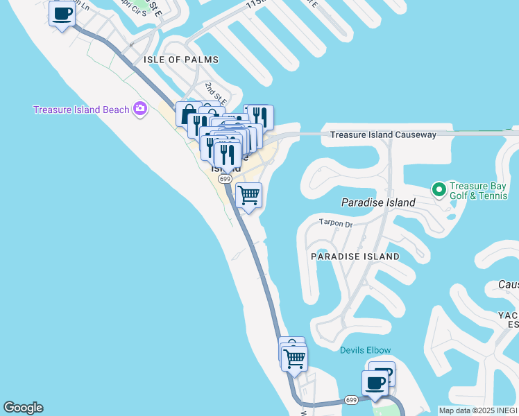 map of restaurants, bars, coffee shops, grocery stores, and more near 117 104th Avenue in Treasure Island