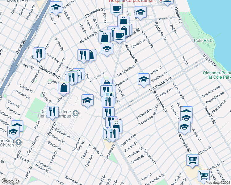 map of restaurants, bars, coffee shops, grocery stores, and more near 714 Atlantic Street in Corpus Christi