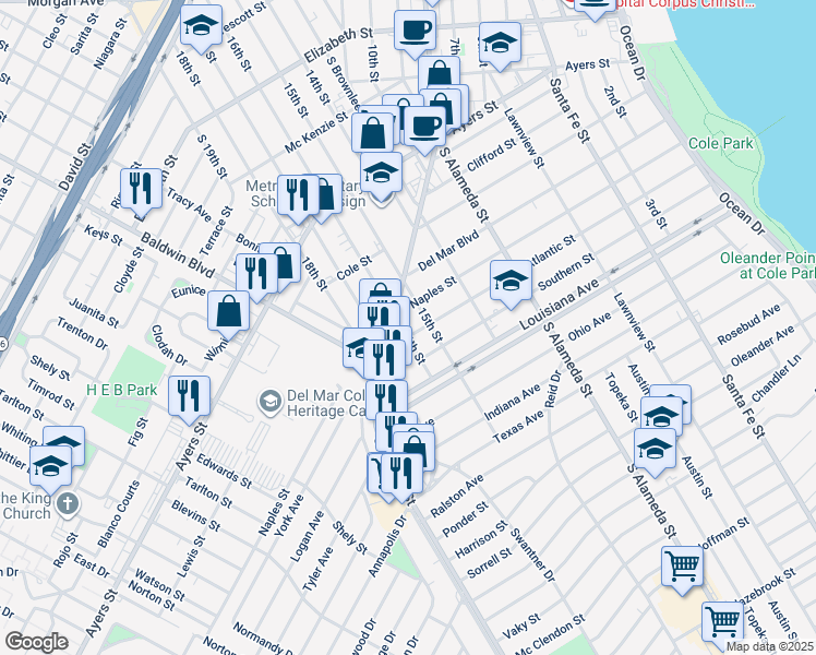map of restaurants, bars, coffee shops, grocery stores, and more near 714 Atlantic Street in Corpus Christi