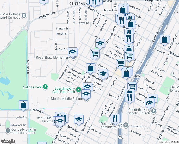 map of restaurants, bars, coffee shops, grocery stores, and more near 3154 Greenwood Drive in Corpus Christi