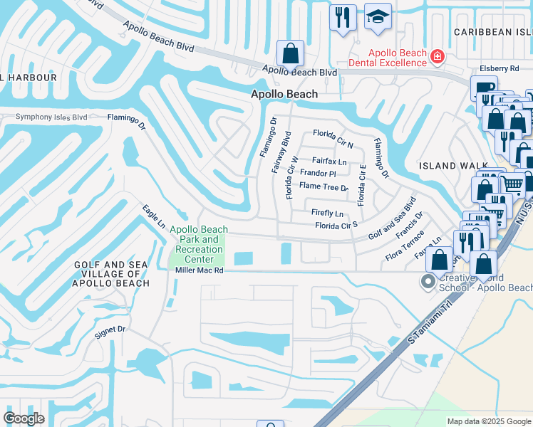 map of restaurants, bars, coffee shops, grocery stores, and more near 605 Florida Circle West in Apollo Beach