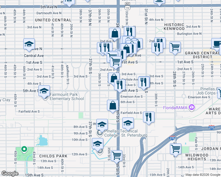 map of restaurants, bars, coffee shops, grocery stores, and more near 3401 5th Avenue South in St. Petersburg
