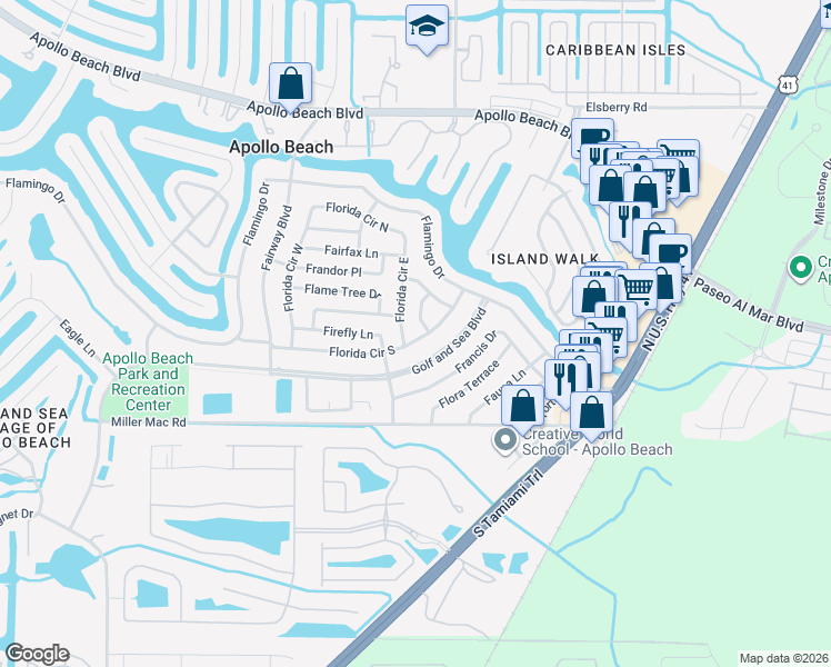 map of restaurants, bars, coffee shops, grocery stores, and more near 6016 Florida Circle South in Apollo Beach