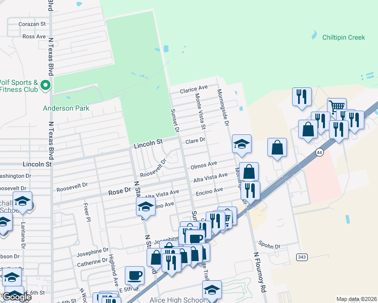 map of restaurants, bars, coffee shops, grocery stores, and more near 1801 Newell Street in Alice