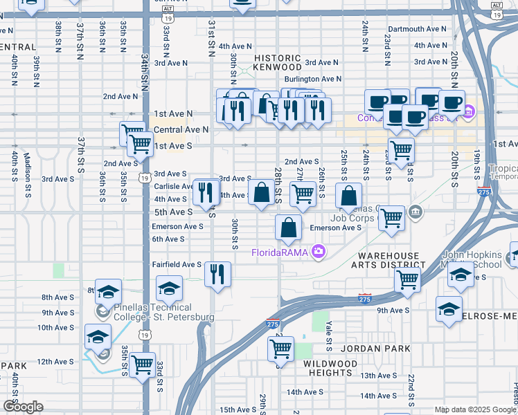map of restaurants, bars, coffee shops, grocery stores, and more near 416 29th Street South in Saint Petersburg