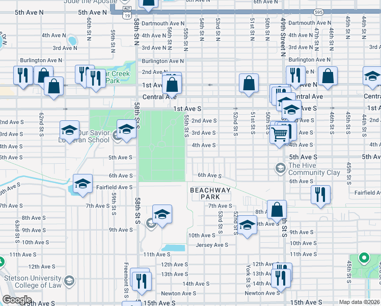 map of restaurants, bars, coffee shops, grocery stores, and more near 5401 5th Avenue South in St. Petersburg