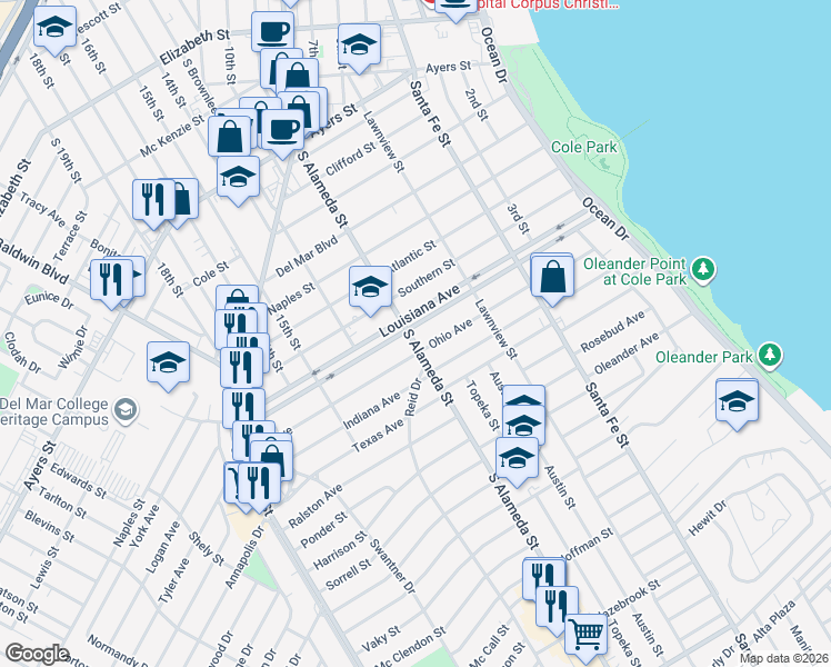map of restaurants, bars, coffee shops, grocery stores, and more near 469 Louisiana Avenue in Corpus Christi