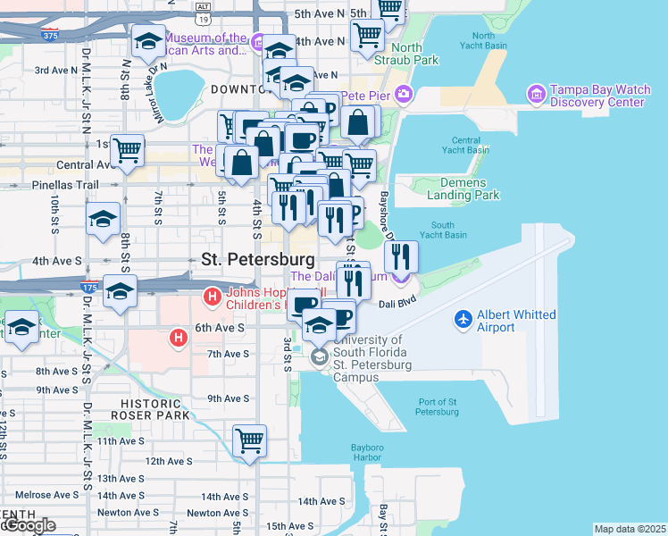 map of restaurants, bars, coffee shops, grocery stores, and more near 100 4th Avenue South in St. Petersburg