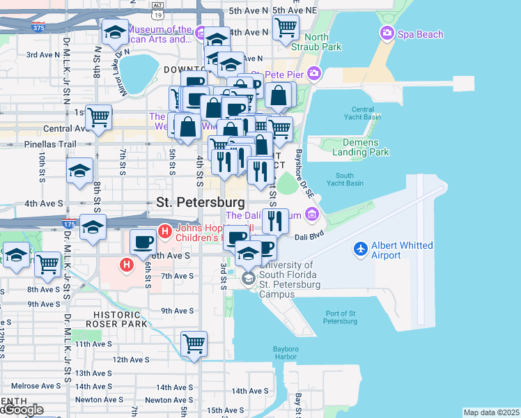 map of restaurants, bars, coffee shops, grocery stores, and more near 144 Delmar Terrace South in St. Petersburg