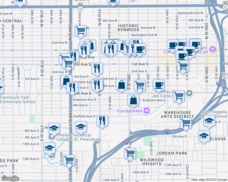map of restaurants, bars, coffee shops, grocery stores, and more near 2956 5th Avenue South in St. Petersburg