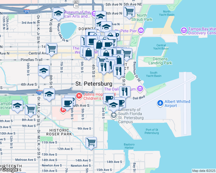 map of restaurants, bars, coffee shops, grocery stores, and more near 200 4th Avenue South in St. Petersburg