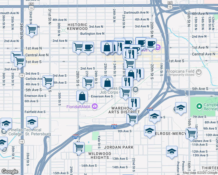 map of restaurants, bars, coffee shops, grocery stores, and more near 2445 5th Avenue South in St. Petersburg