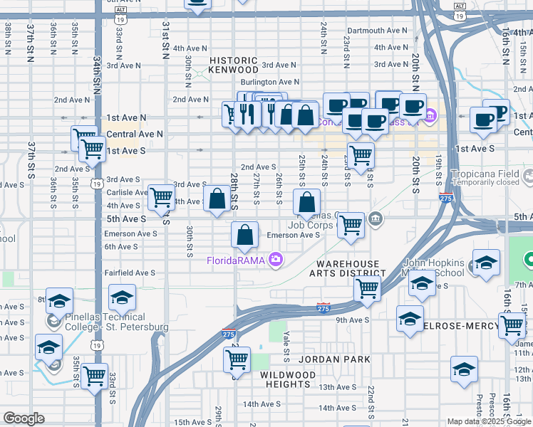map of restaurants, bars, coffee shops, grocery stores, and more near 2635 5th Avenue South in St. Petersburg