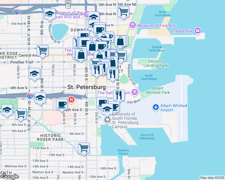 map of restaurants, bars, coffee shops, grocery stores, and more near 144 Delmar Terrace South in St. Petersburg