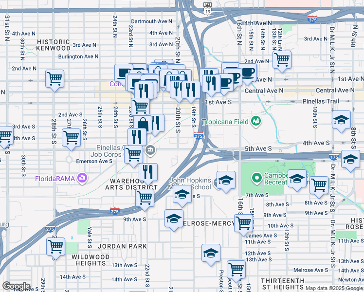 map of restaurants, bars, coffee shops, grocery stores, and more near 585 Dolphin Avenue Southeast in St. Petersburg