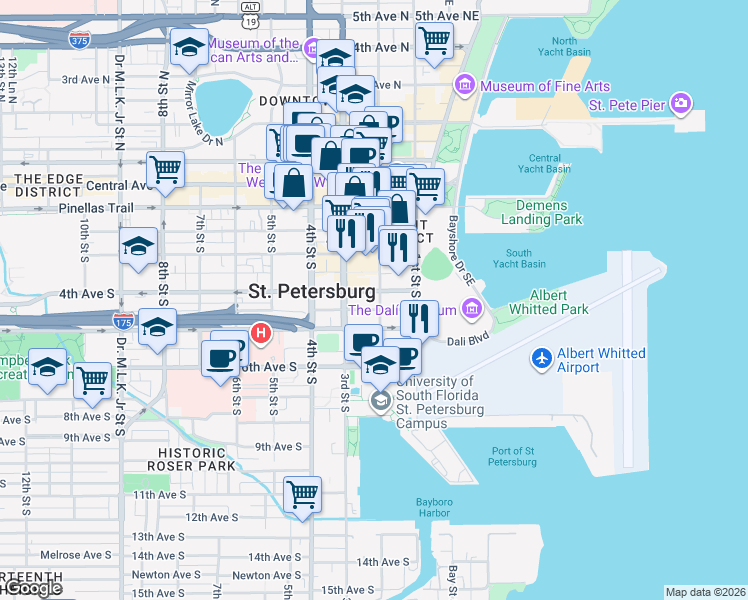 map of restaurants, bars, coffee shops, grocery stores, and more near 200 4th Avenue South in St. Petersburg