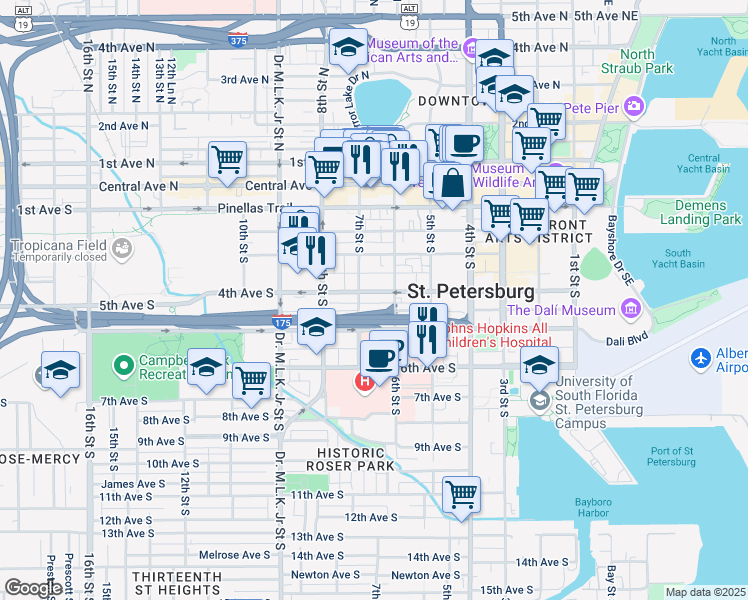 map of restaurants, bars, coffee shops, grocery stores, and more near 664 Mound Park Way South in St. Petersburg