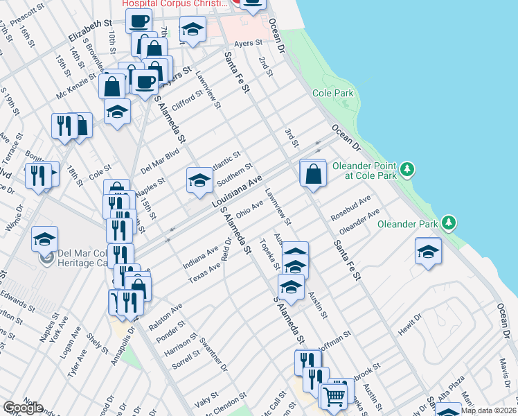 map of restaurants, bars, coffee shops, grocery stores, and more near 437 Ohio Avenue in Corpus Christi