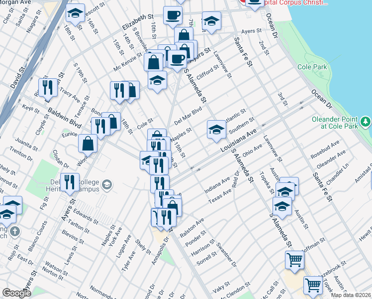 map of restaurants, bars, coffee shops, grocery stores, and more near 641 Atlantic Street in Corpus Christi