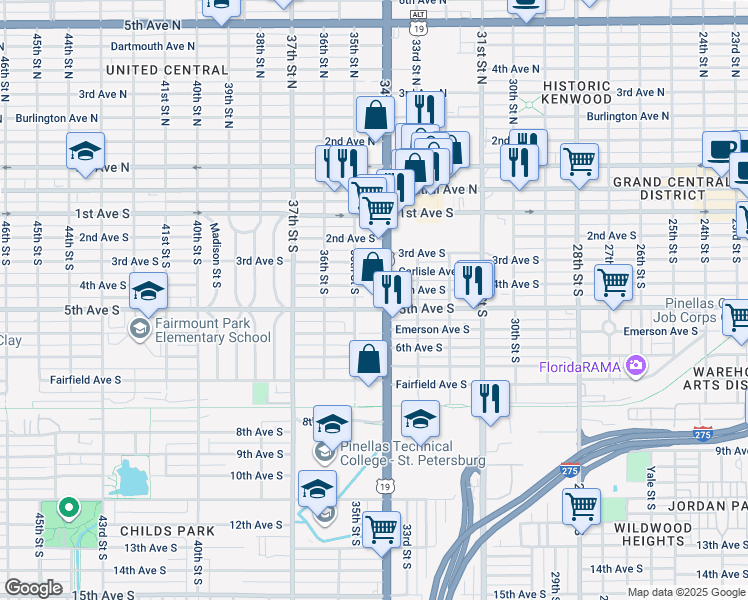 map of restaurants, bars, coffee shops, grocery stores, and more near 3401 5th Avenue South in St. Petersburg