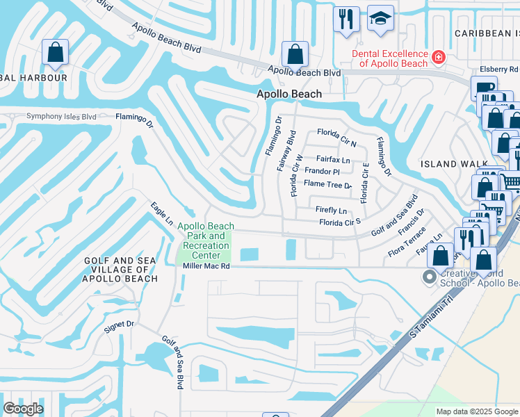 map of restaurants, bars, coffee shops, grocery stores, and more near 6200 Flamingo Drive in Apollo Beach