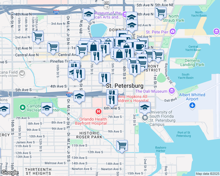 map of restaurants, bars, coffee shops, grocery stores, and more near 512 4th Avenue South in Saint Petersburg