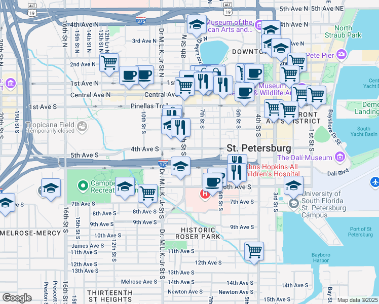 map of restaurants, bars, coffee shops, grocery stores, and more near 745 Delmar Terrace South in St. Petersburg
