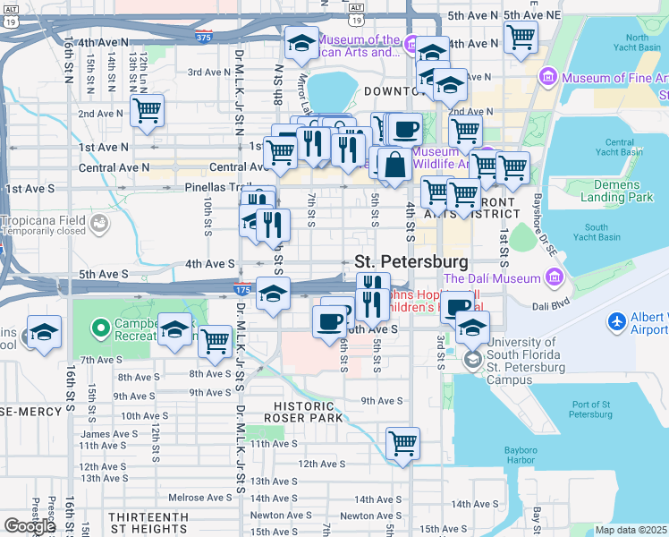 map of restaurants, bars, coffee shops, grocery stores, and more near 664 Mound Park Way South in St. Petersburg