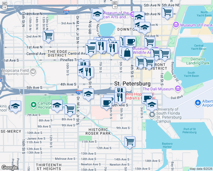 map of restaurants, bars, coffee shops, grocery stores, and more near 664 Mound Park Way South in St. Petersburg