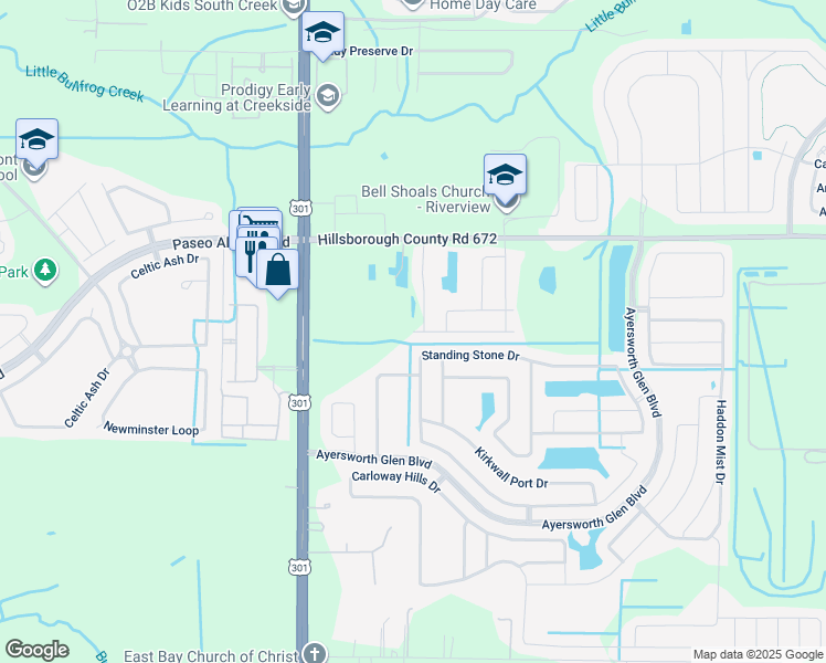 map of restaurants, bars, coffee shops, grocery stores, and more near 10513 Massimo Drive in Riverview