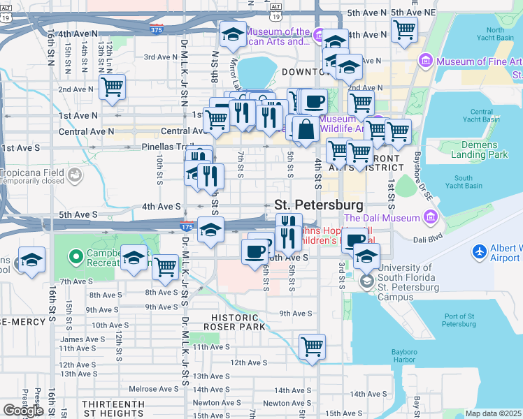 map of restaurants, bars, coffee shops, grocery stores, and more near 664 Mound Park Way South in St. Petersburg