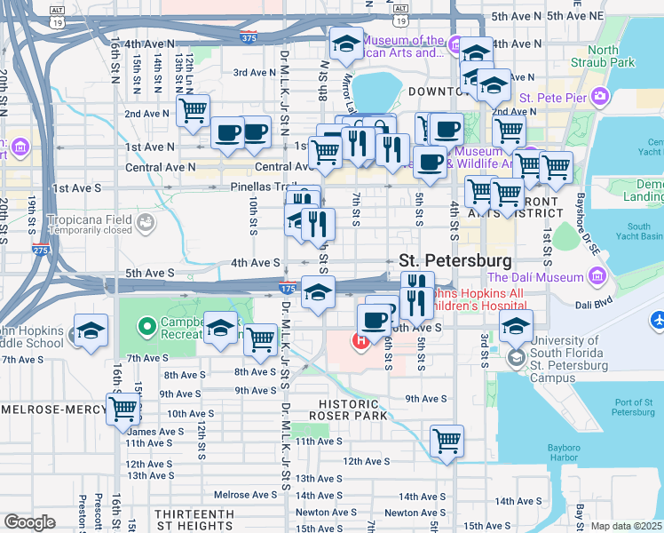 map of restaurants, bars, coffee shops, grocery stores, and more near 745 Delmar Terrace South in St. Petersburg