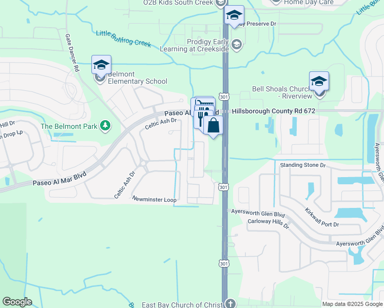 map of restaurants, bars, coffee shops, grocery stores, and more near 10143 Celtic Ash Drive in Ruskin