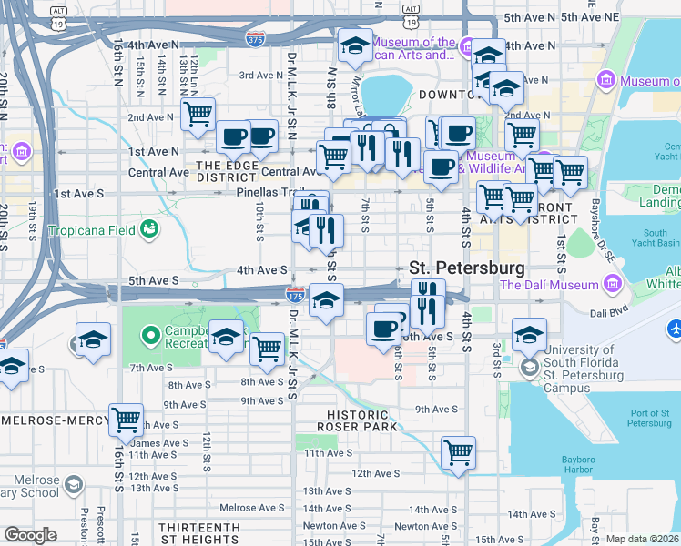 map of restaurants, bars, coffee shops, grocery stores, and more near 745 Delmar Terrace South in St. Petersburg