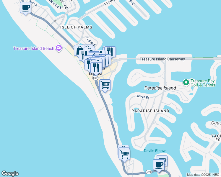 map of restaurants, bars, coffee shops, grocery stores, and more near 117 104th Avenue in Treasure Island