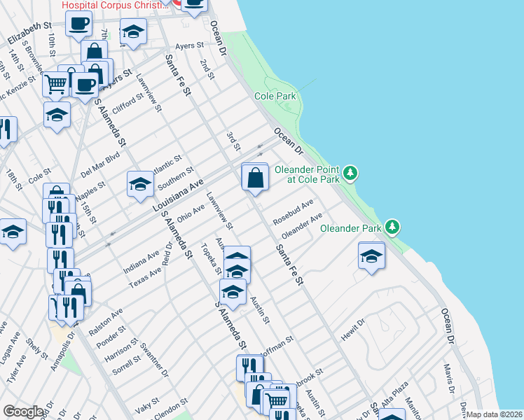 map of restaurants, bars, coffee shops, grocery stores, and more near 253 Leming Avenue in Corpus Christi