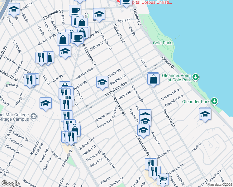 map of restaurants, bars, coffee shops, grocery stores, and more near 469 Louisiana Avenue in Corpus Christi