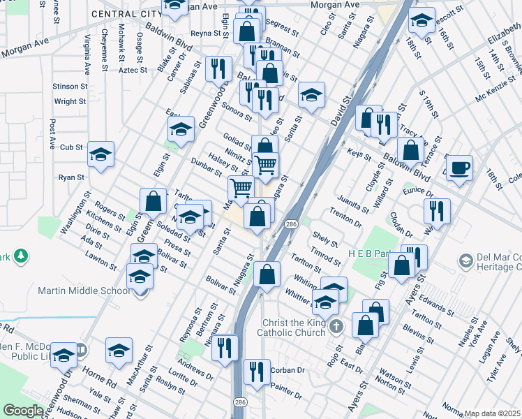 map of restaurants, bars, coffee shops, grocery stores, and more near 3033 South Port Avenue in Corpus Christi