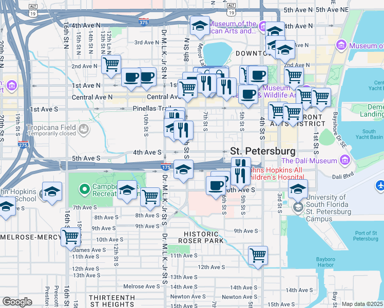 map of restaurants, bars, coffee shops, grocery stores, and more near 745 Delmar Terrace South in St. Petersburg