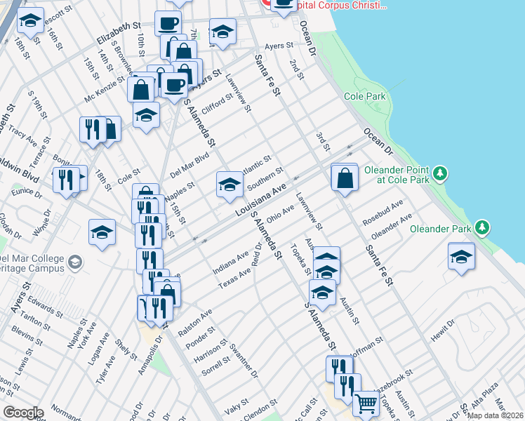 map of restaurants, bars, coffee shops, grocery stores, and more near 469 Louisiana Avenue in Corpus Christi