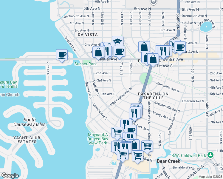 map of restaurants, bars, coffee shops, grocery stores, and more near 411 72nd Street South in St. Petersburg