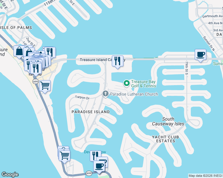 map of restaurants, bars, coffee shops, grocery stores, and more near 430 Sandy Hook Road in Treasure Island