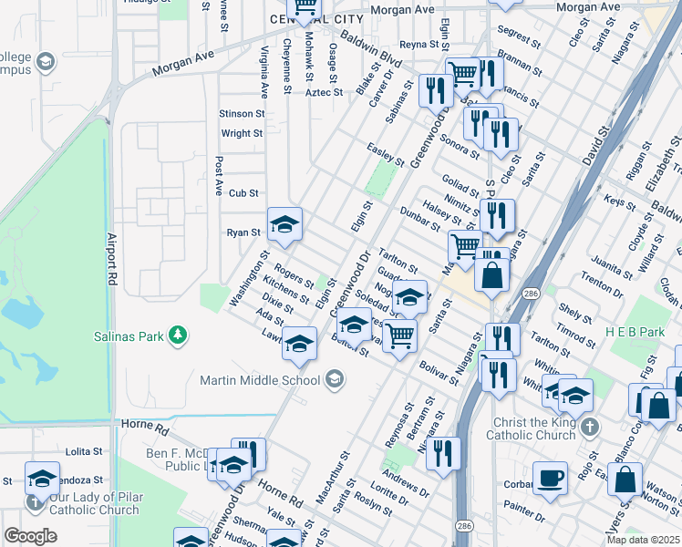 map of restaurants, bars, coffee shops, grocery stores, and more near 2724 Rogers Street in Corpus Christi