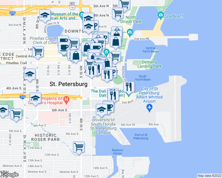 map of restaurants, bars, coffee shops, grocery stores, and more near 100 4th Avenue South in St. Petersburg
