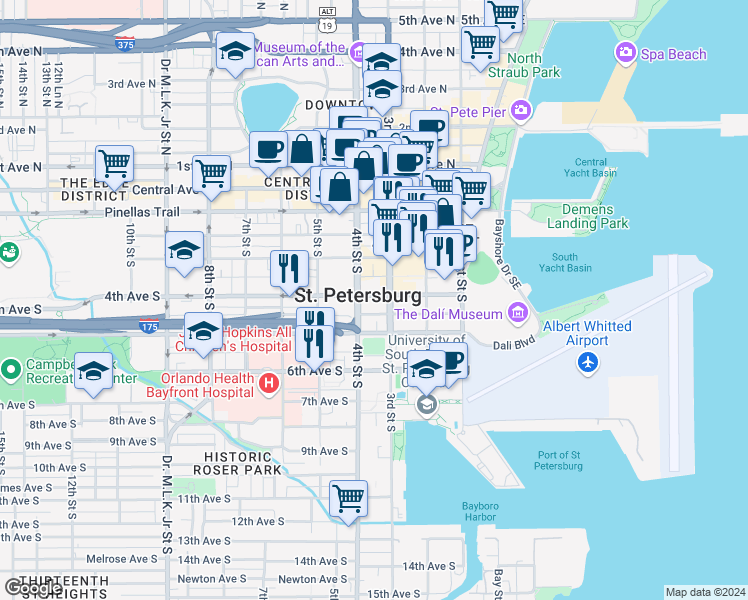 map of restaurants, bars, coffee shops, grocery stores, and more near 300 4th Avenue South in St. Petersburg