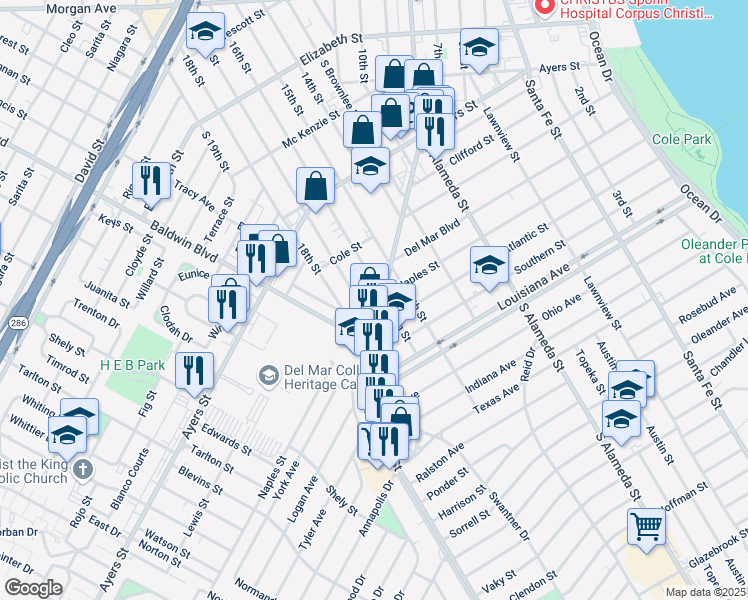 map of restaurants, bars, coffee shops, grocery stores, and more near 714 Atlantic Street in Corpus Christi