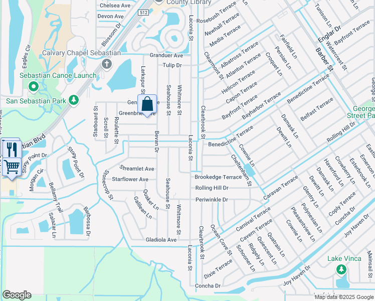 map of restaurants, bars, coffee shops, grocery stores, and more near 1415 Laconia Street in Sebastian