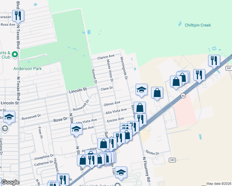 map of restaurants, bars, coffee shops, grocery stores, and more near 1816 Newell Street in Alice