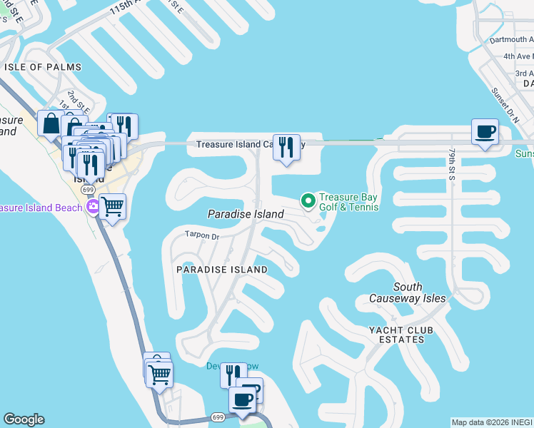 map of restaurants, bars, coffee shops, grocery stores, and more near 435 Haven Point Drive in Treasure Island