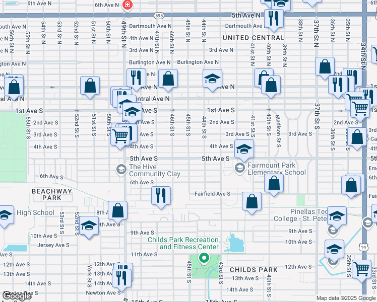 map of restaurants, bars, coffee shops, grocery stores, and more near 401 45th Street South in St. Petersburg